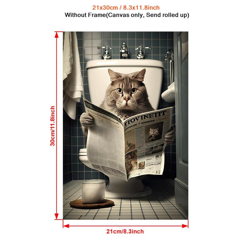 Cat Sitting On The Toilet Reading A Newspaper Funny Bathroom Humor Wall Decor