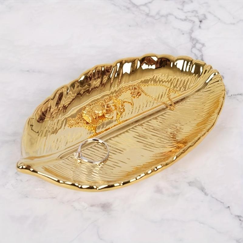 Ceramic Jewelry Storage Plate Leaf Shaped Organizer Golden Rose Golden Silver