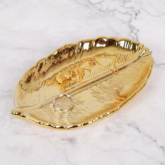 Ceramic Jewelry Storage Plate Leaf Shaped Organizer Golden Rose Golden Silver