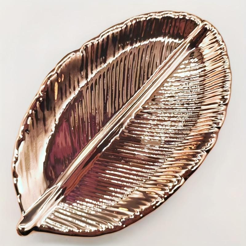 Ceramic Jewelry Storage Plate Leaf Shaped Organizer Golden Rose Golden Silver