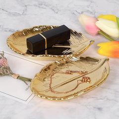 Ceramic Jewelry Storage Plate Leaf Shaped Organizer Golden Rose Golden Silver