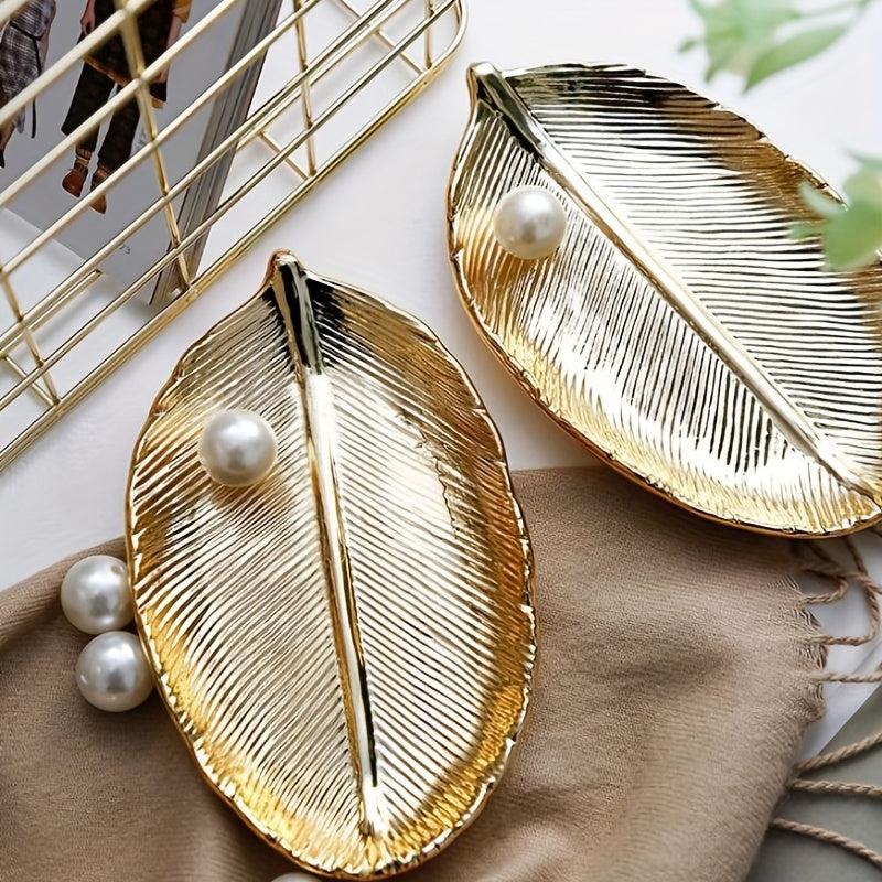 Ceramic Jewelry Storage Plate Leaf Shaped Organizer Golden Rose Golden Silver
