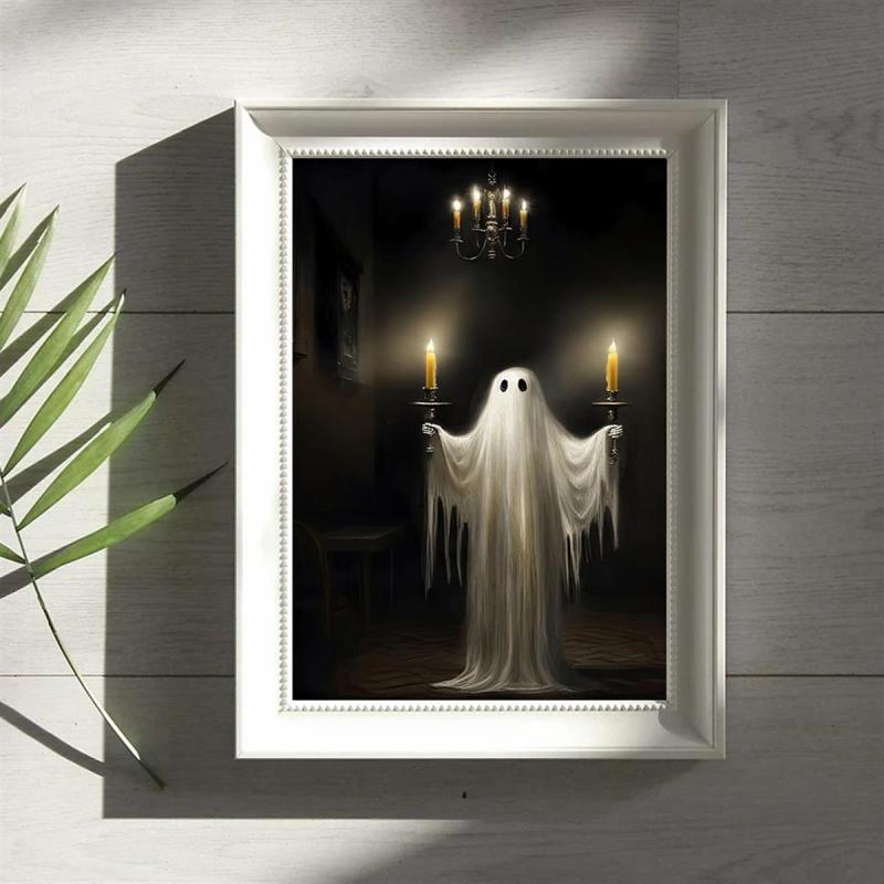 Canvas Poster Ghost With Candles Halloween Print Dark Academia Gothic Wall Decor