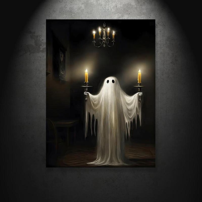Canvas Poster Ghost With Candles Halloween Print Dark Academia Gothic Wall Decor