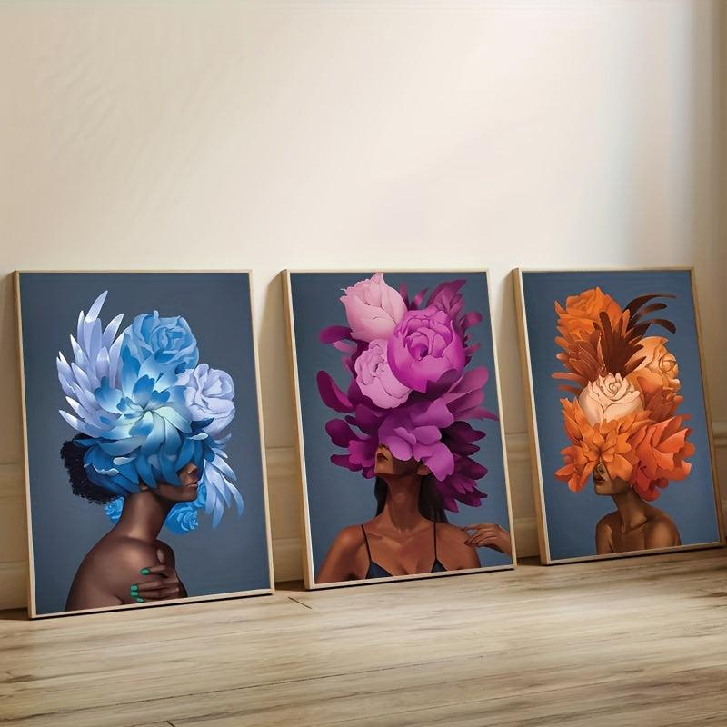 3pcs Colorful Flower Head Canvas Art African Woman Posters