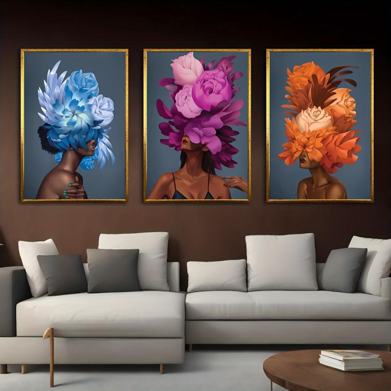 3pcs Colorful Flower Head Canvas Art African Woman Posters