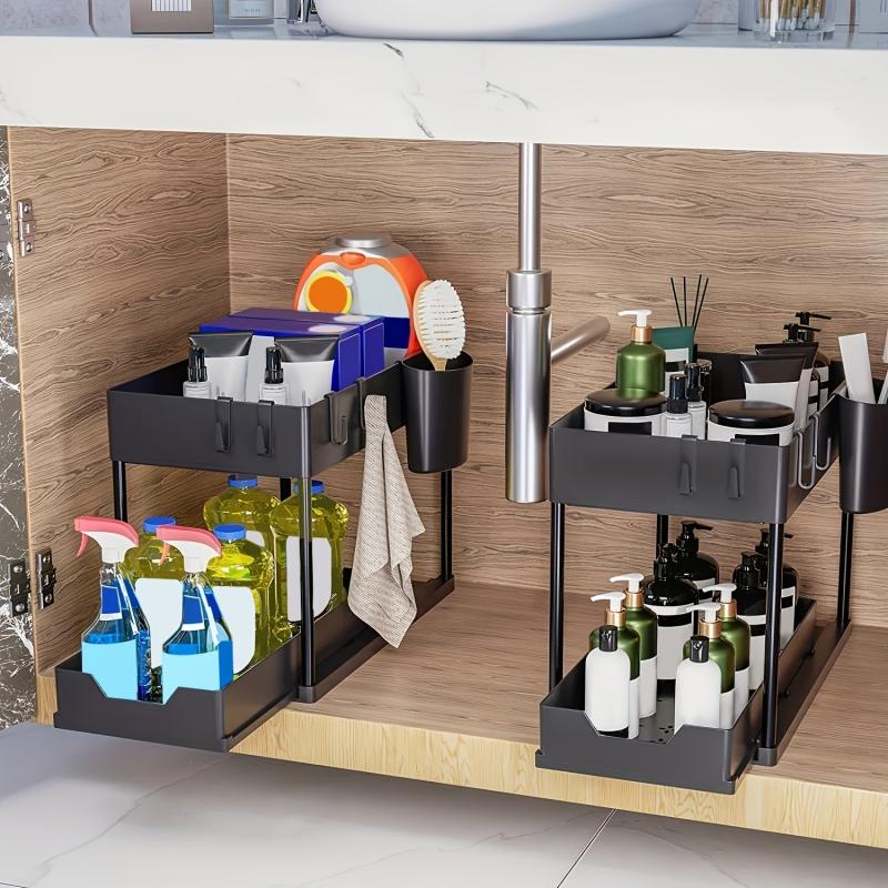 2 Tier Under Sink Organizer Rack with 4 Hooks for Bathroom Kitchen