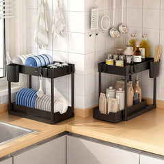 2 Tier Under Sink Organizer Rack with 4 Hooks for Bathroom Kitchen