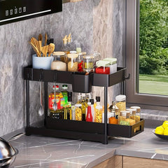 2 Tier Under Sink Organizer Rack with 4 Hooks for Bathroom Kitchen