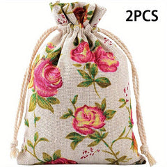 2pcs Rose Flower Print Linen Storage Bag Drawstring Reusable Jewelry Gift