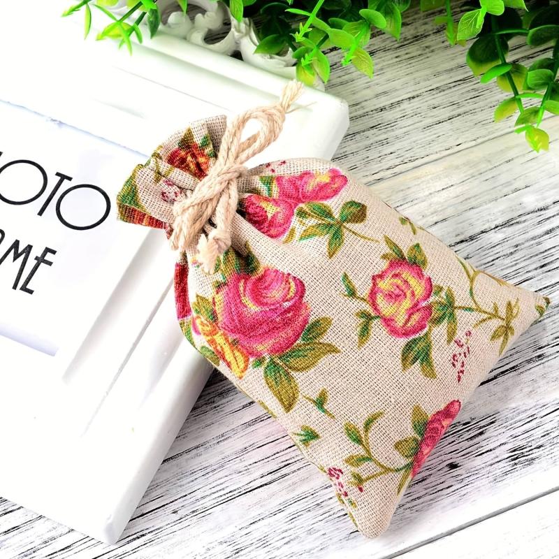 2pcs Rose Flower Print Linen Storage Bag Drawstring Reusable Jewelry Gift