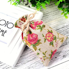 2pcs Rose Flower Print Linen Storage Bag Drawstring Reusable Jewelry Gift