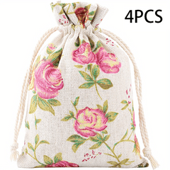 2pcs Rose Flower Print Linen Storage Bag Drawstring Reusable Jewelry Gift