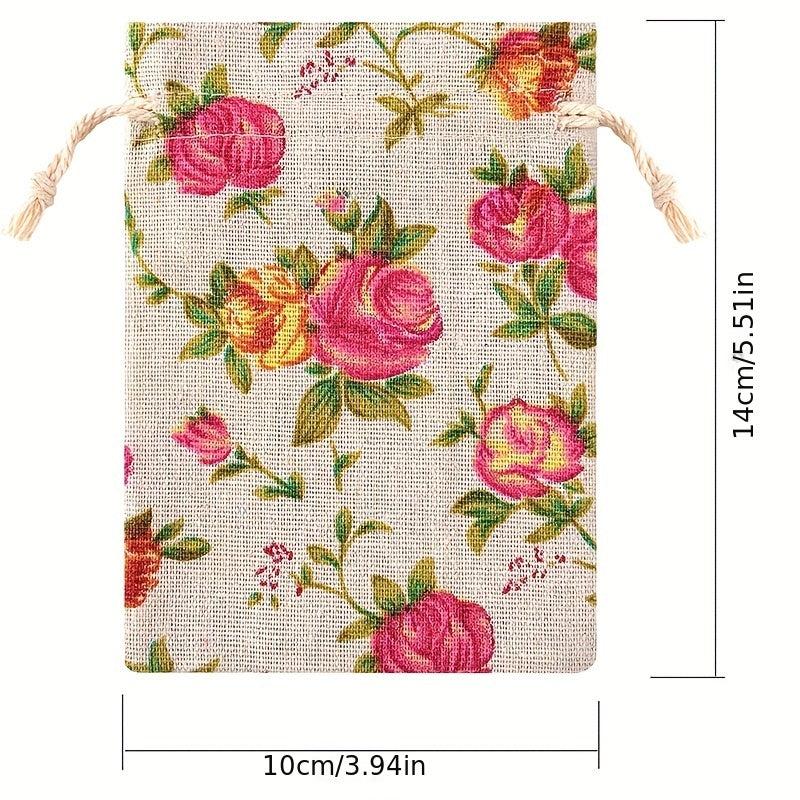 2pcs Rose Flower Print Linen Storage Bag Drawstring Reusable Jewelry Gift