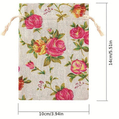 2pcs Rose Flower Print Linen Storage Bag Drawstring Reusable Jewelry Gift