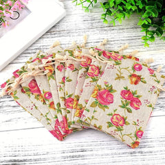 2pcs Rose Flower Print Linen Storage Bag Drawstring Reusable Jewelry Gift