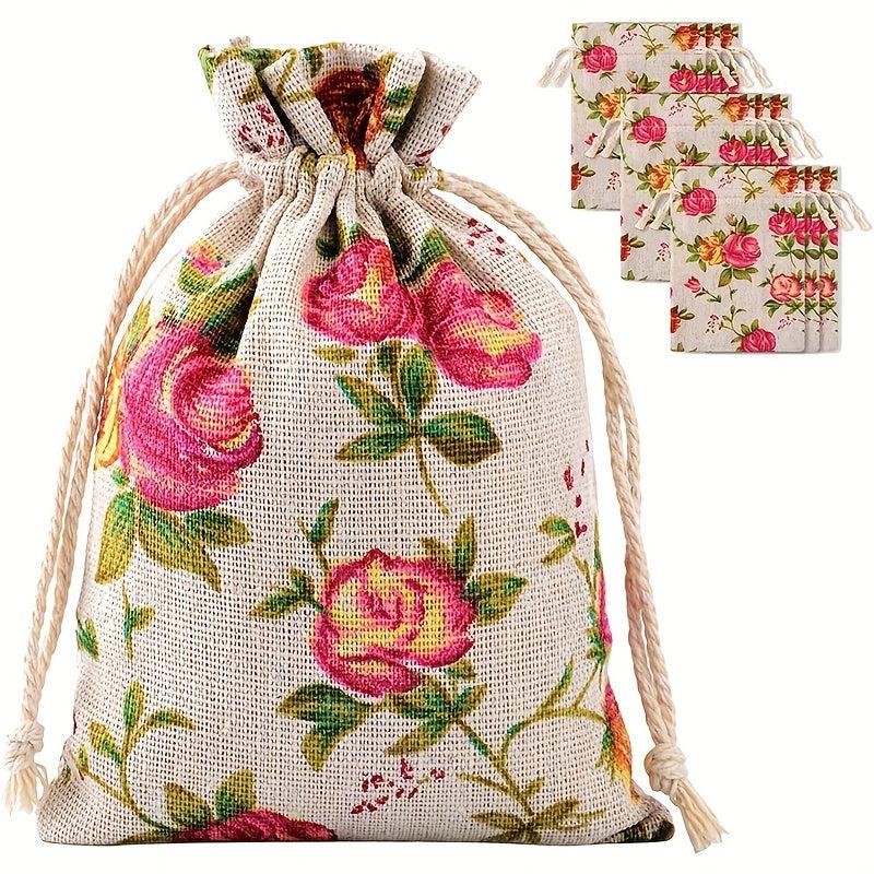 2pcs Rose Flower Print Linen Storage Bag Drawstring Reusable Jewelry Gift