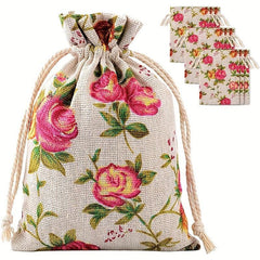 2pcs Rose Flower Print Linen Storage Bag Drawstring Reusable Jewelry Gift