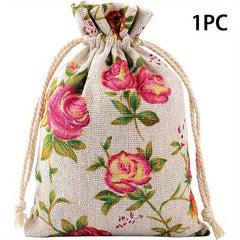 2pcs Rose Flower Print Linen Storage Bag Drawstring Reusable Jewelry Gift