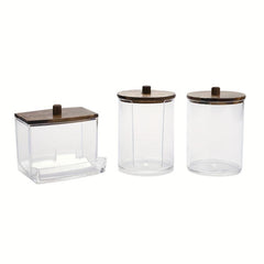 3pcs Bathroom Organizer Set Wood Lids Swabs Storage Box