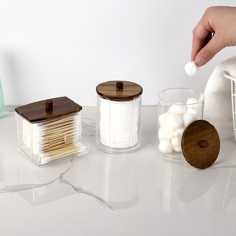 3pcs Bathroom Organizer Set Wood Lids Swabs Storage Box