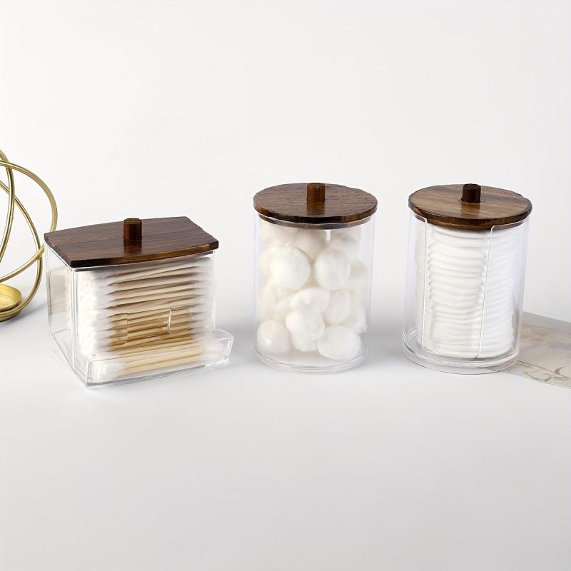 3pcs Bathroom Organizer Set Wood Lids Swabs Storage Box