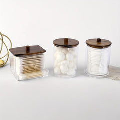 3pcs Bathroom Organizer Set Wood Lids Swabs Storage Box
