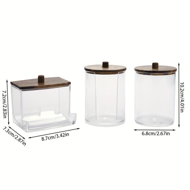 3pcs Bathroom Organizer Set Wood Lids Swabs Storage Box