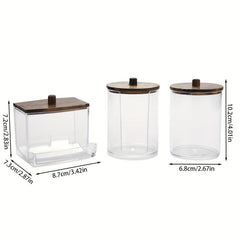 3pcs Bathroom Organizer Set Wood Lids Swabs Storage Box