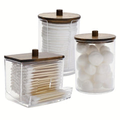 3pcs Bathroom Organizer Set Wood Lids Swabs Storage Box