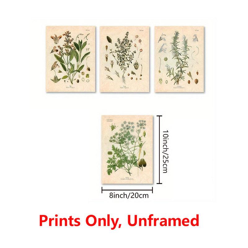 Botanical Kitchen Herb Wall Art Set - 4 10x8in Prints Thyme Mint Ro