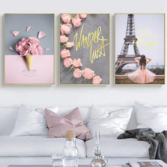 3pcs Paris Romantic Wall Decor Pink & Grey Flowers Canvas Poster