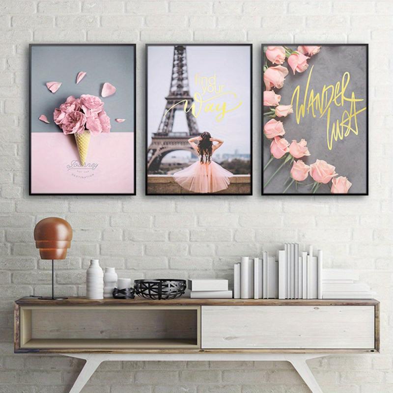 3pcs Paris Romantic Wall Decor Pink & Grey Flowers Canvas Poster
