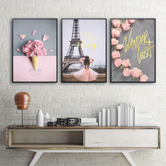 3pcs Paris Romantic Wall Decor Pink & Grey Flowers Canvas Poster