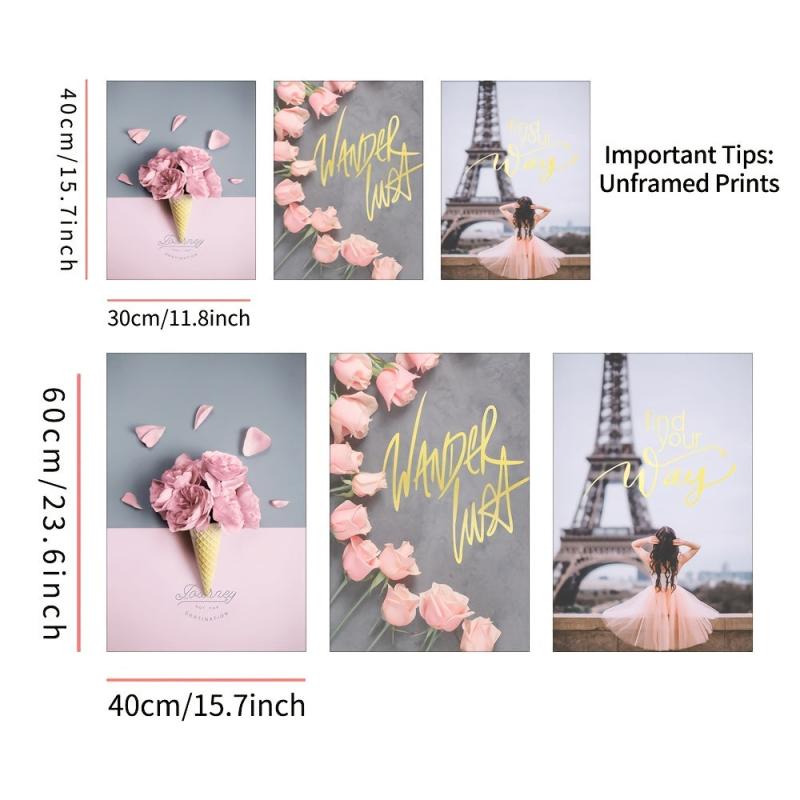 3pcs Paris Romantic Wall Decor Pink & Grey Flowers Canvas Poster