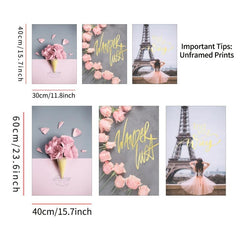 3pcs Paris Romantic Wall Decor Pink & Grey Flowers Canvas Poster