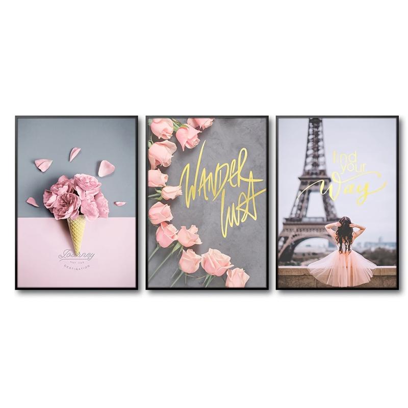 3pcs Paris Romantic Wall Decor Pink & Grey Flowers Canvas Poster
