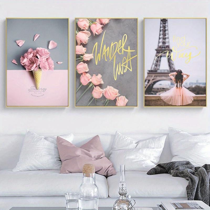 3pcs Paris Romantic Wall Decor Pink & Grey Flowers Canvas Poster