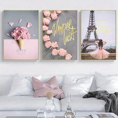 3pcs Paris Romantic Wall Decor Pink & Grey Flowers Canvas Poster