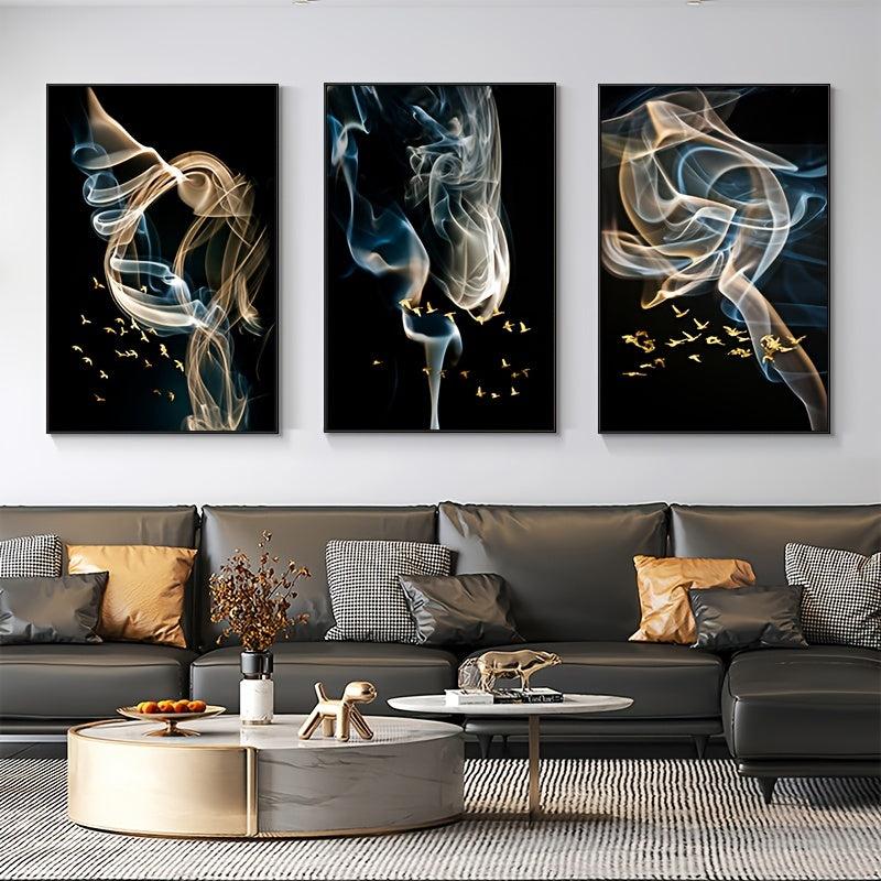 3pcs Abstract Ribbon Golden Bird Canvas Paintings