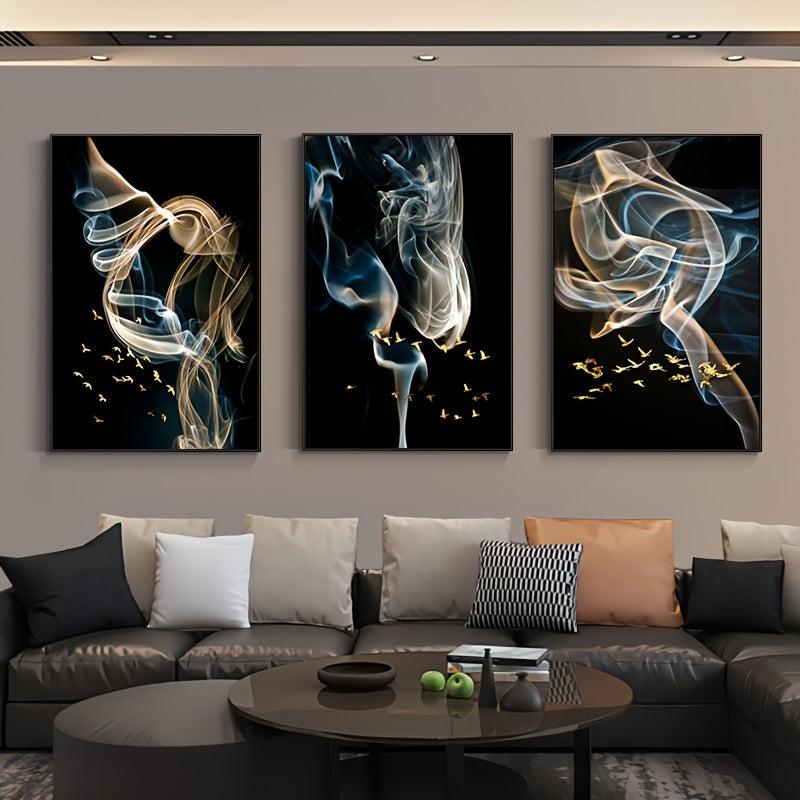 3pcs Abstract Ribbon Golden Bird Canvas Paintings