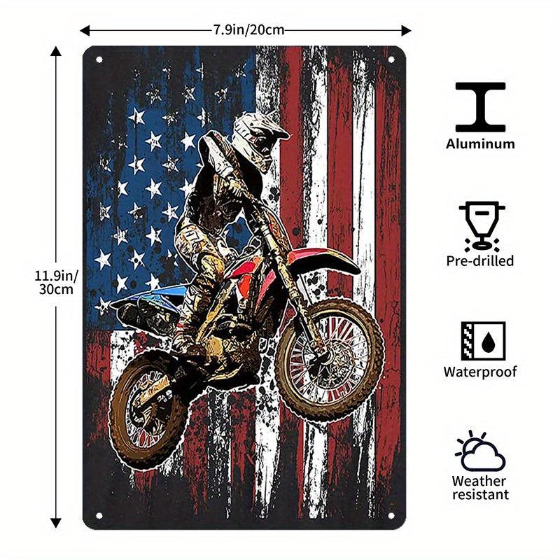 Biker Dirt Bike Motorcycle Racing American Flag Parking Tin Sign