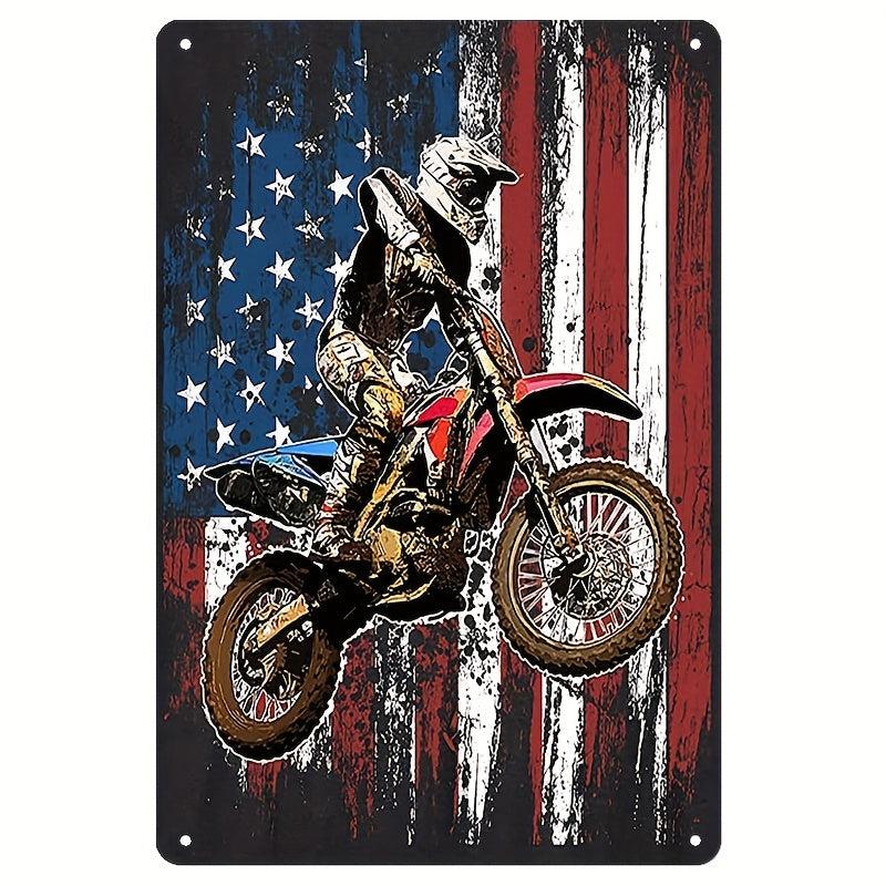 Biker Dirt Bike Motorcycle Racing American Flag Parking Tin Sign