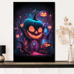 Canvas Poster Modern Art Halloween Pumpkin House - Ideal Gift For Decor