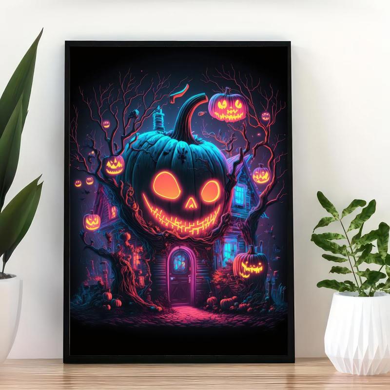 Canvas Poster Modern Art Halloween Pumpkin House - Ideal Gift For Decor