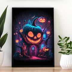 Canvas Poster Modern Art Halloween Pumpkin House - Ideal Gift For Decor