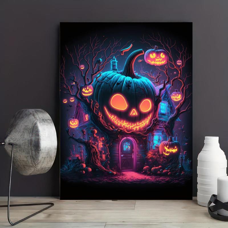 Canvas Poster Modern Art Halloween Pumpkin House - Ideal Gift For Decor