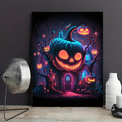 Canvas Poster Modern Art Halloween Pumpkin House - Ideal Gift For Decor