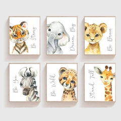 6pcs Watercolor Animals Poster Wall Art Elephant Lion Giraffe Canvas Painting