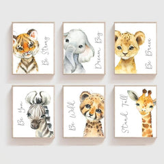 6pcs Watercolor Animals Poster Wall Art Elephant Lion Giraffe Canvas Painting